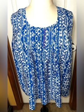 Roaman’s Sleeveless Blouse Tank Top Plus Size Blue/White Lightweight Size 22(2X)